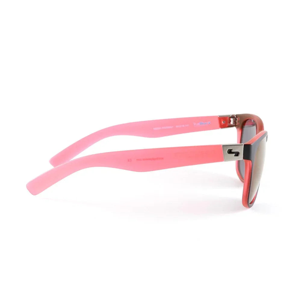 Side view of pink frame sunglasses with reflective lenses on white background