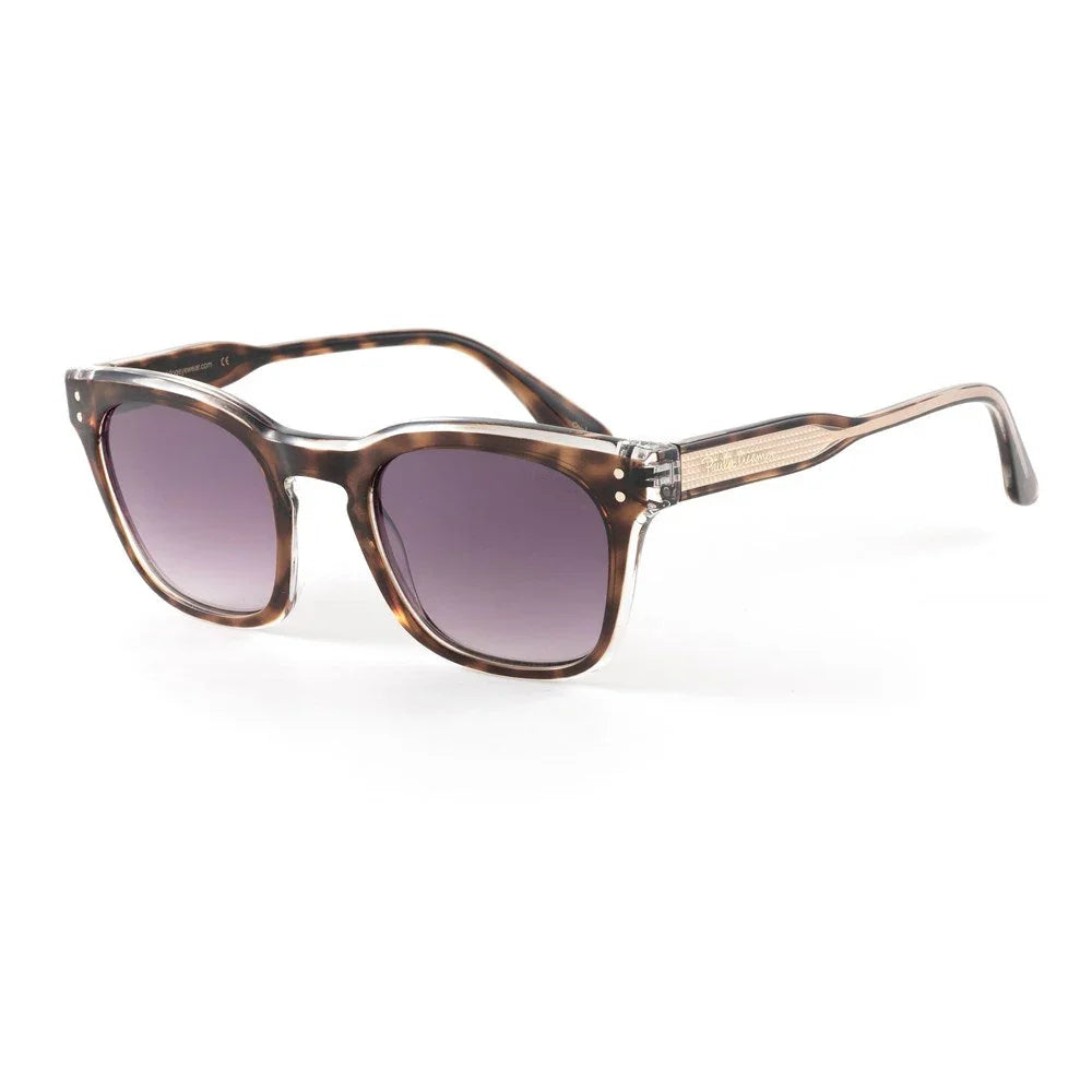 Tortoise shell square sunglasses with gradient lenses on white background