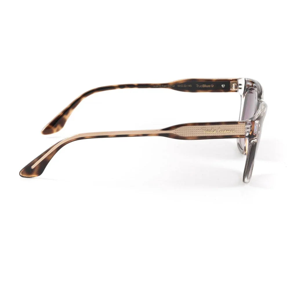Side view of tortoiseshell eyeglasses with clear frame and gold Paula Creamer logo