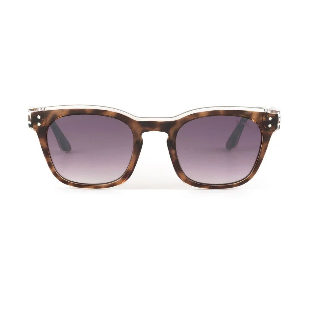 Brown tortoiseshell square sunglasses with gradient lenses on white background