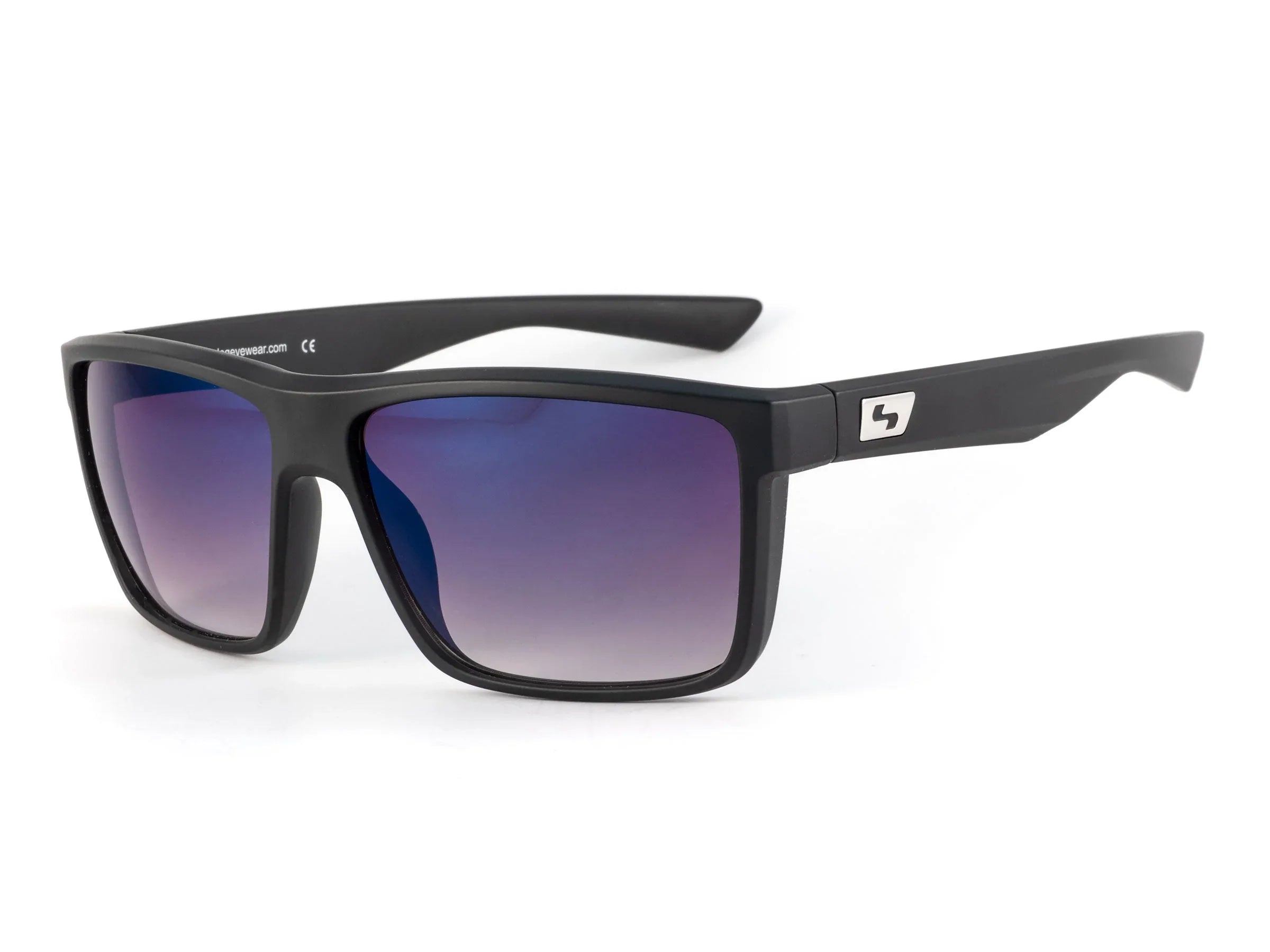 Matte black square sunglasses with blue mirrored lenses on white background