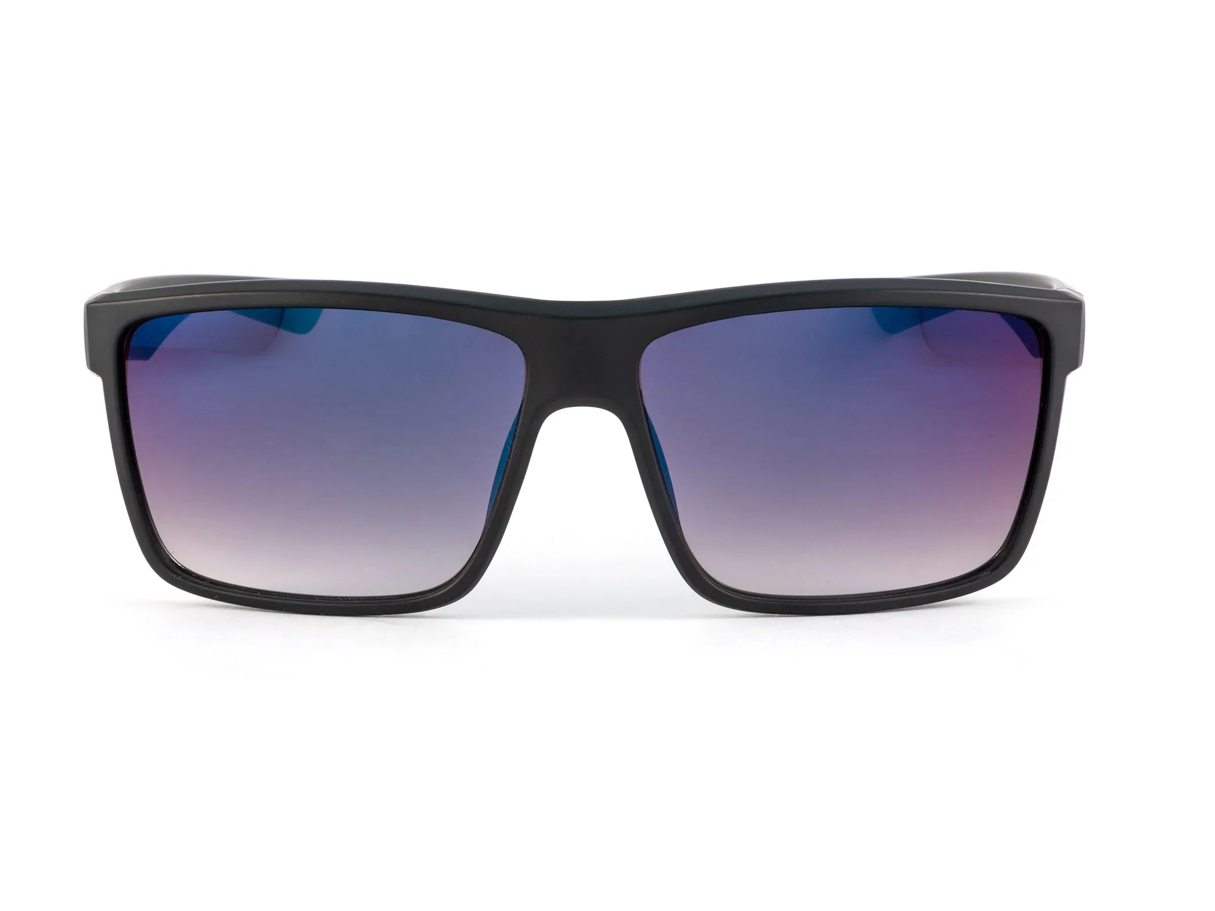 Black square sunglasses with blue-purple gradient lenses on white background
