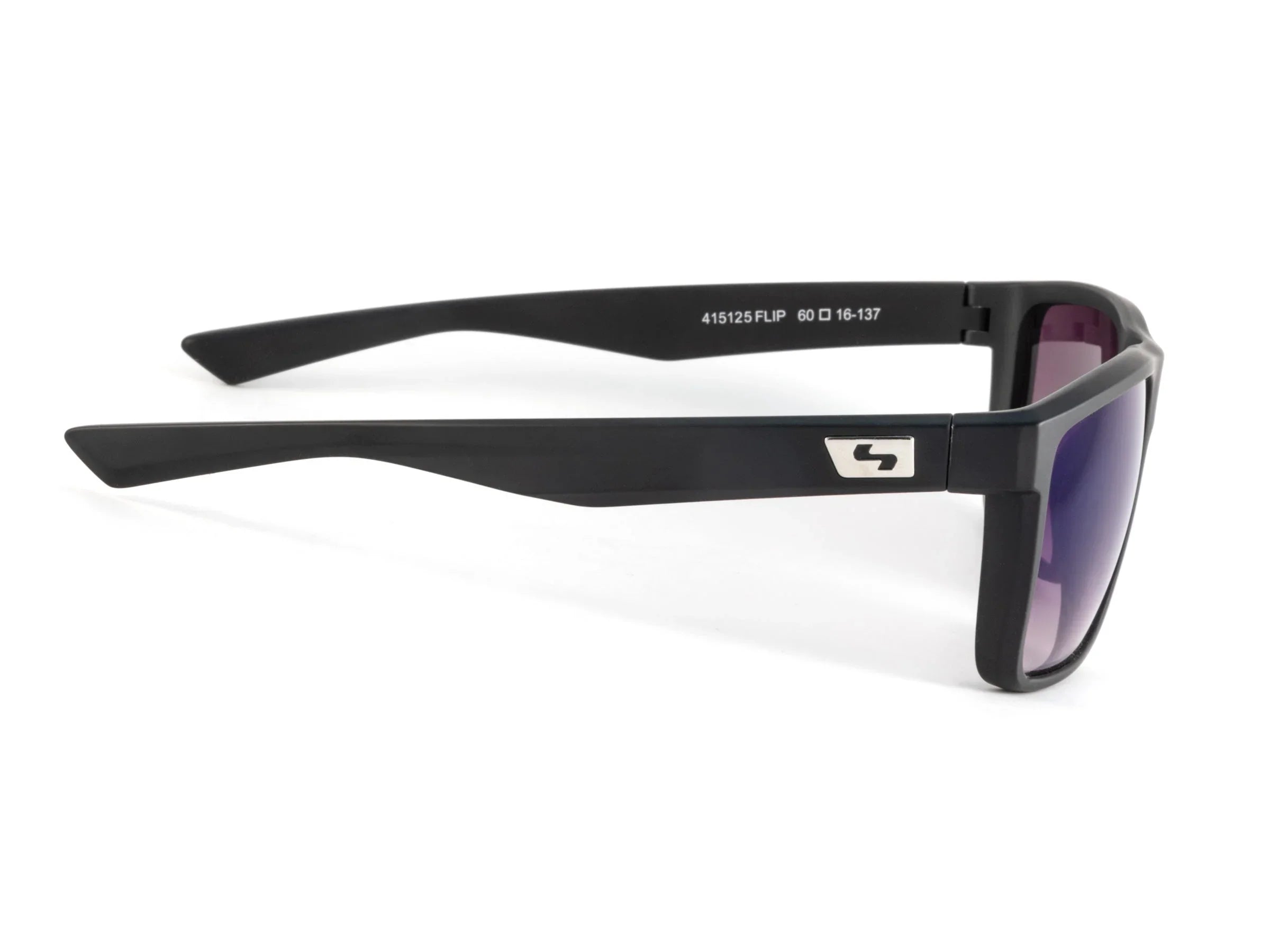Black sporty sunglasses with purple lenses and silver logo on temple, side view