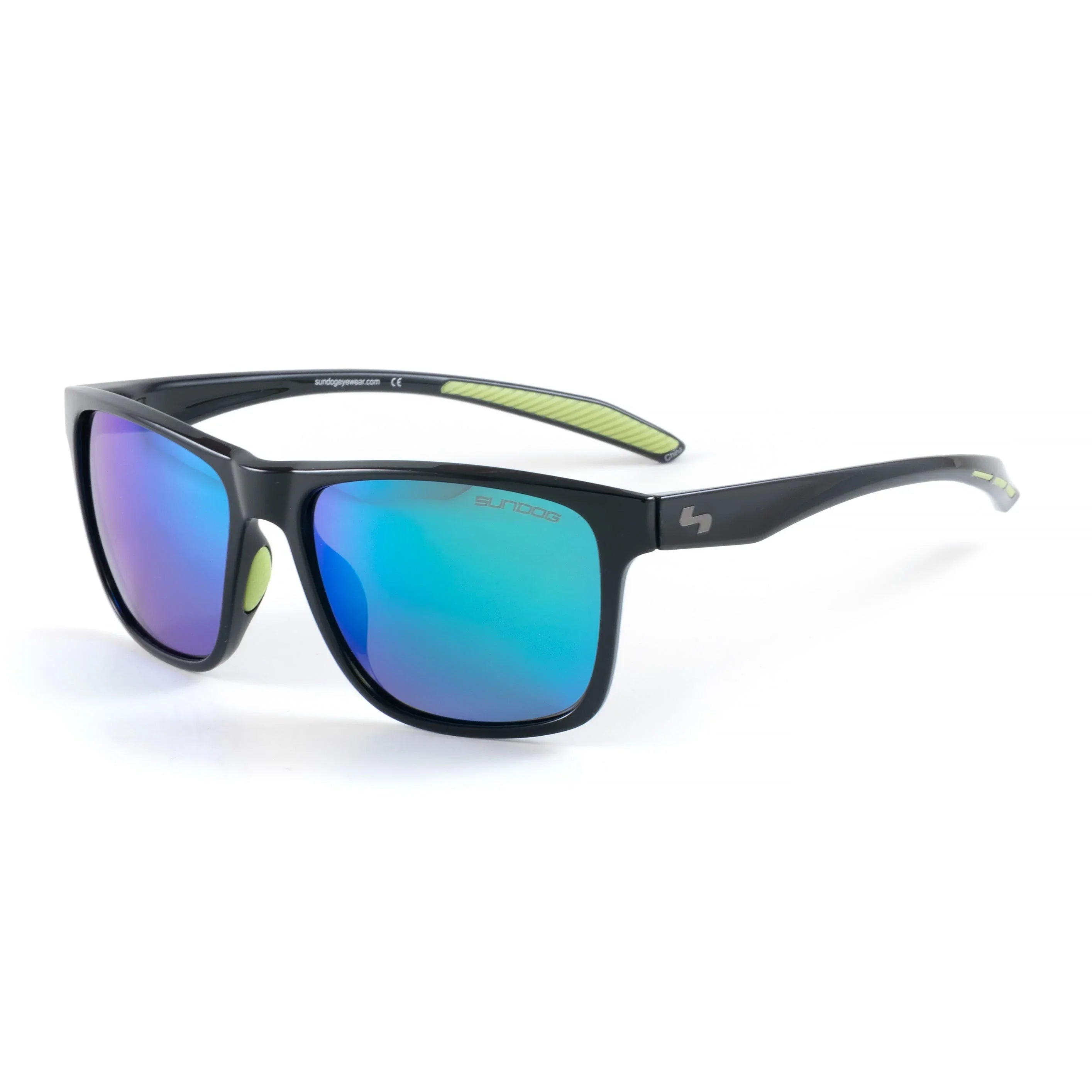 Sundog sunglasses with black frame, blue mirrored lenses, and lime green accents on white background.