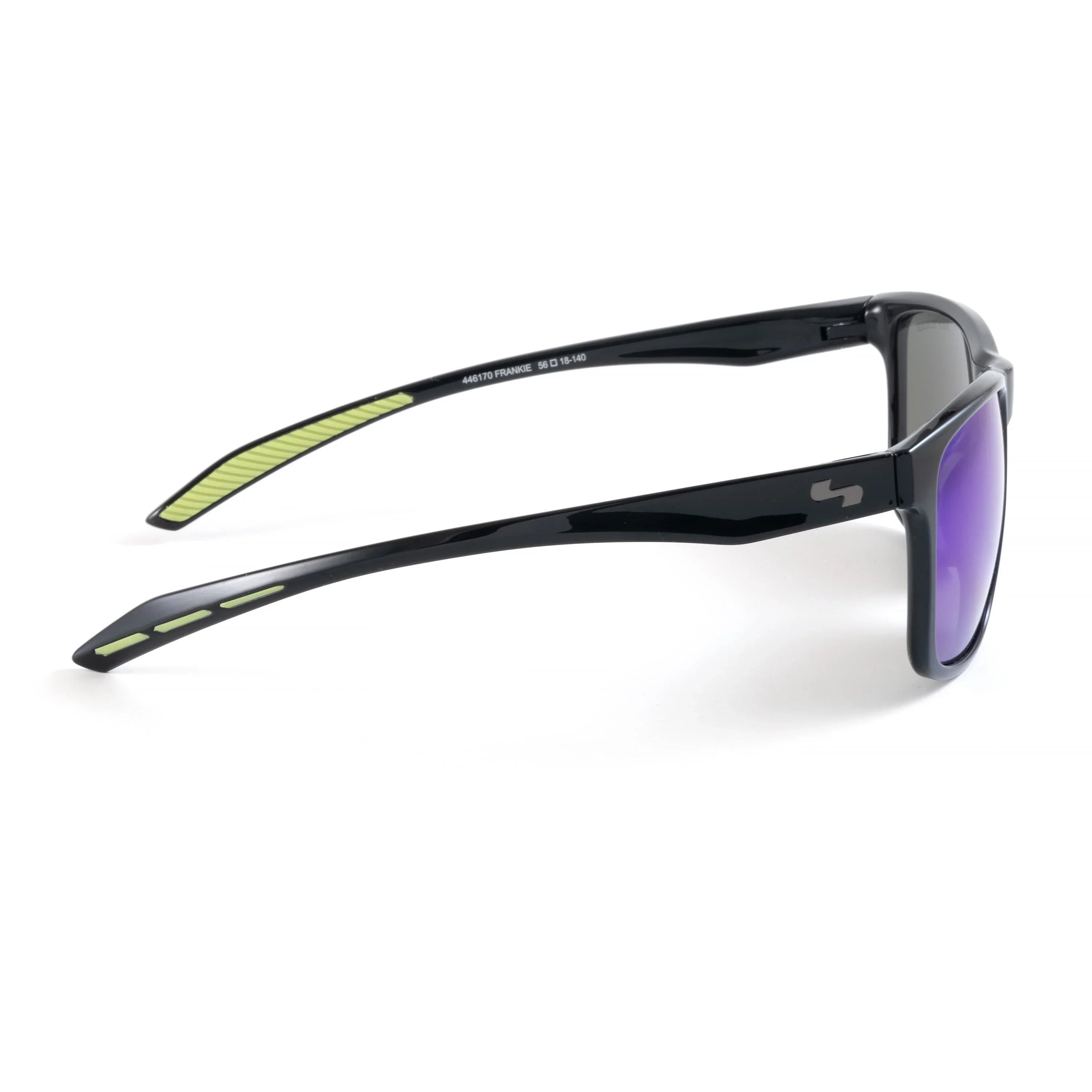 Black sport sunglasses with purple lenses and green accents on temples, side view