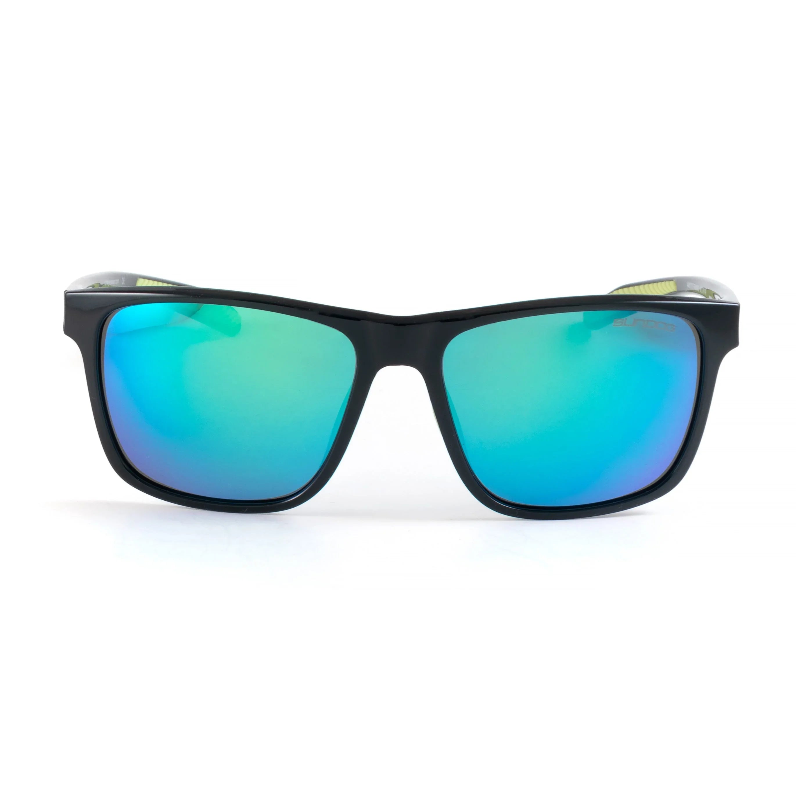 Black frame sunglasses with blue mirrored polarized lenses on white background