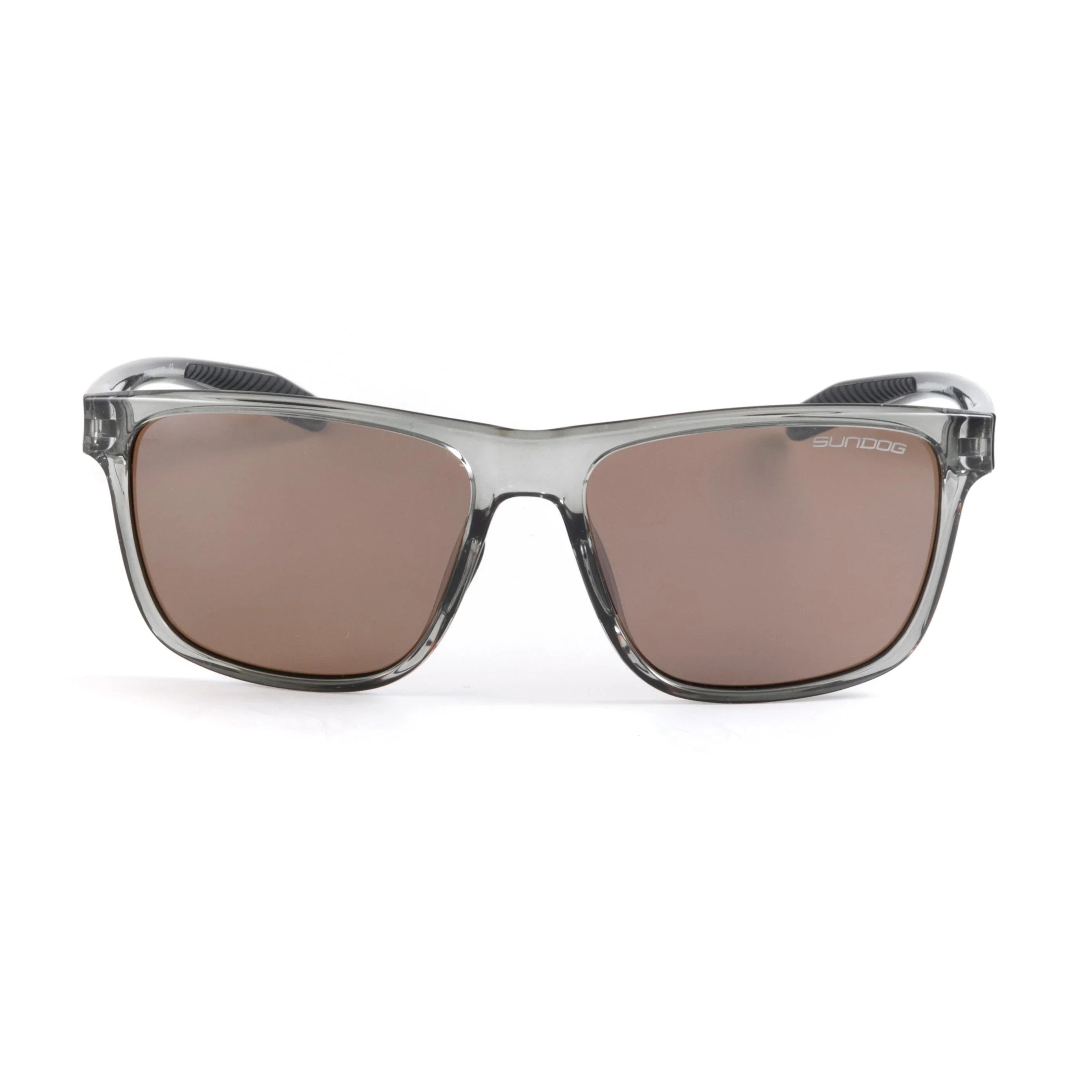Sundog sunglasses with clear gray frame and brown lenses on white background