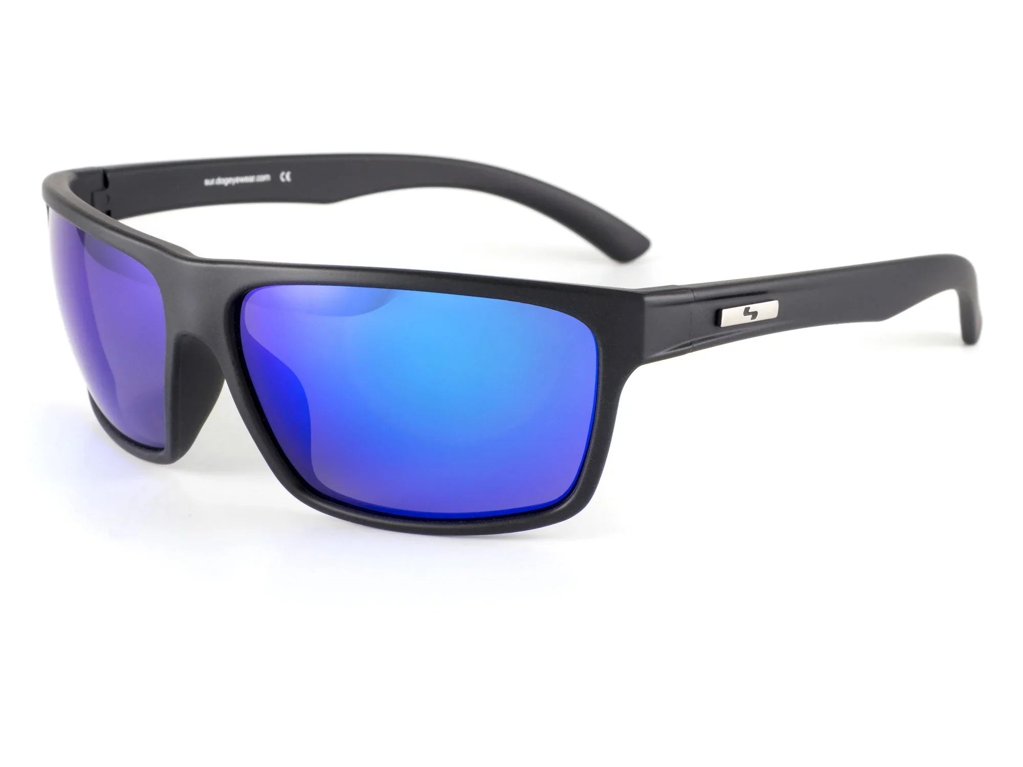 Black frame sunglasses with blue mirrored lenses, sporty wrap style on white background