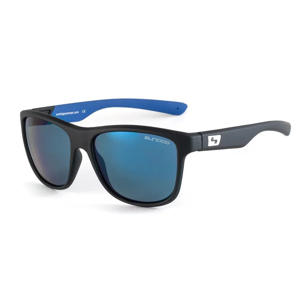 Sundog Gambler sunglasses with black frame, blue mirrored lenses, and blue inner arms on white.