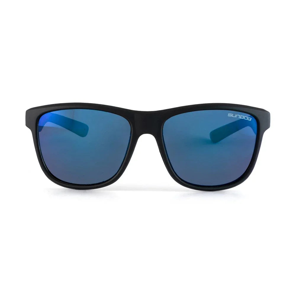 Black frame sunglasses with blue mirrored lenses, Sundog Gambler eyewear front view