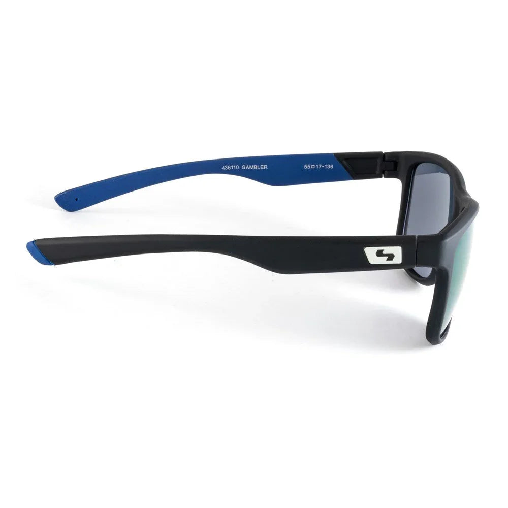 Side view of black and blue Gambler sunglasses with mirrored lenses on white background