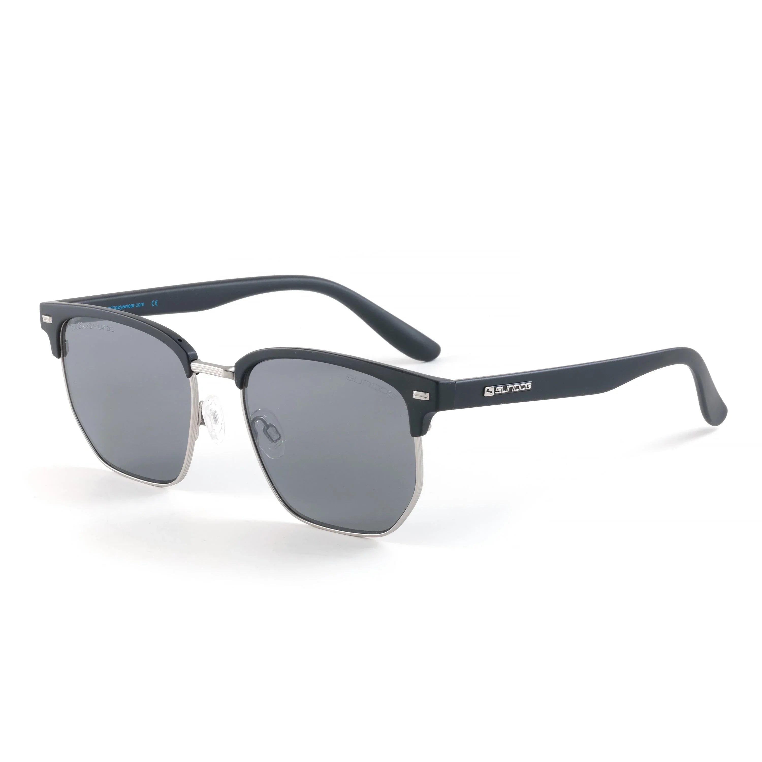 Sundog sunglasses with black frame and grey lenses on white background
