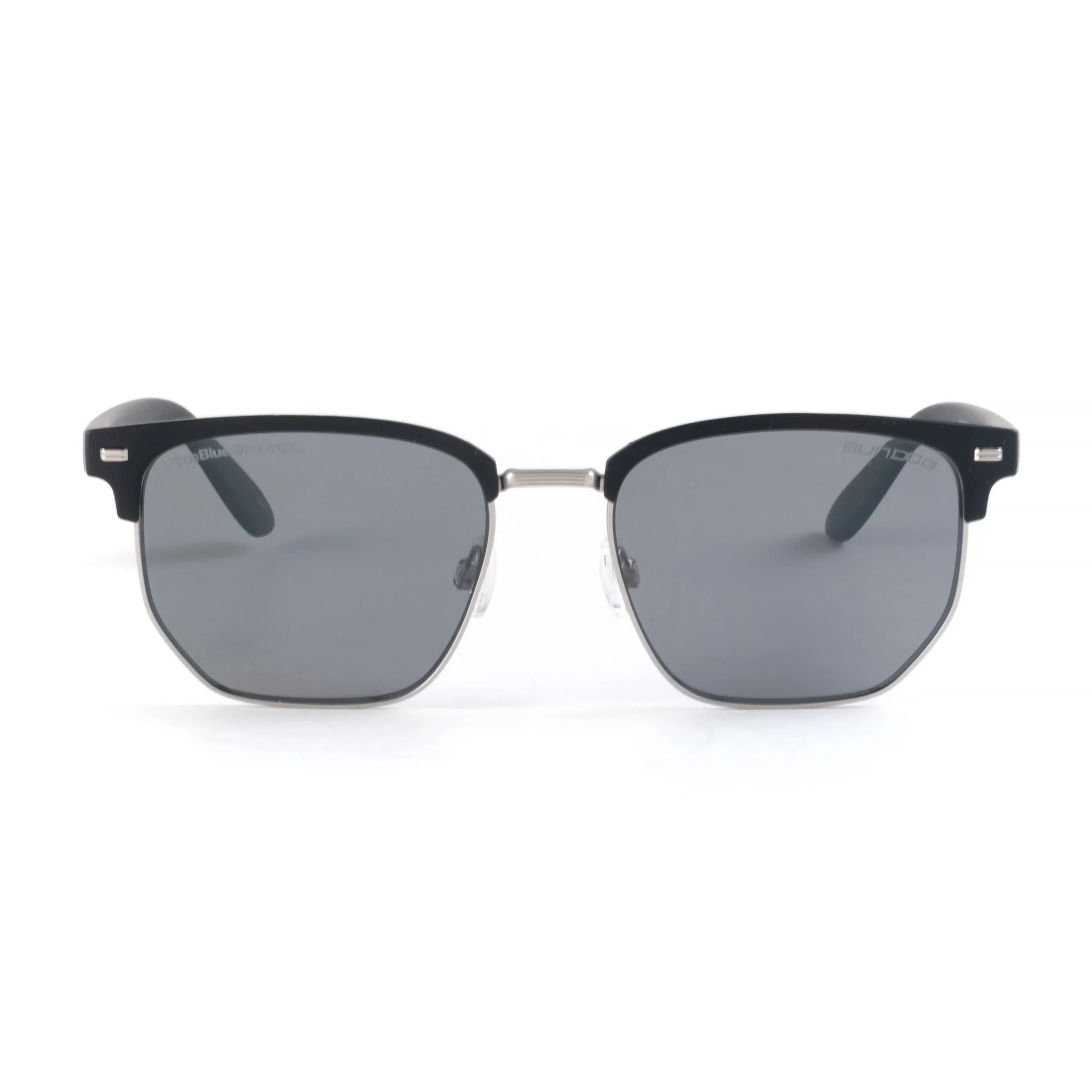 Black square sunglasses with silver bridge on white background