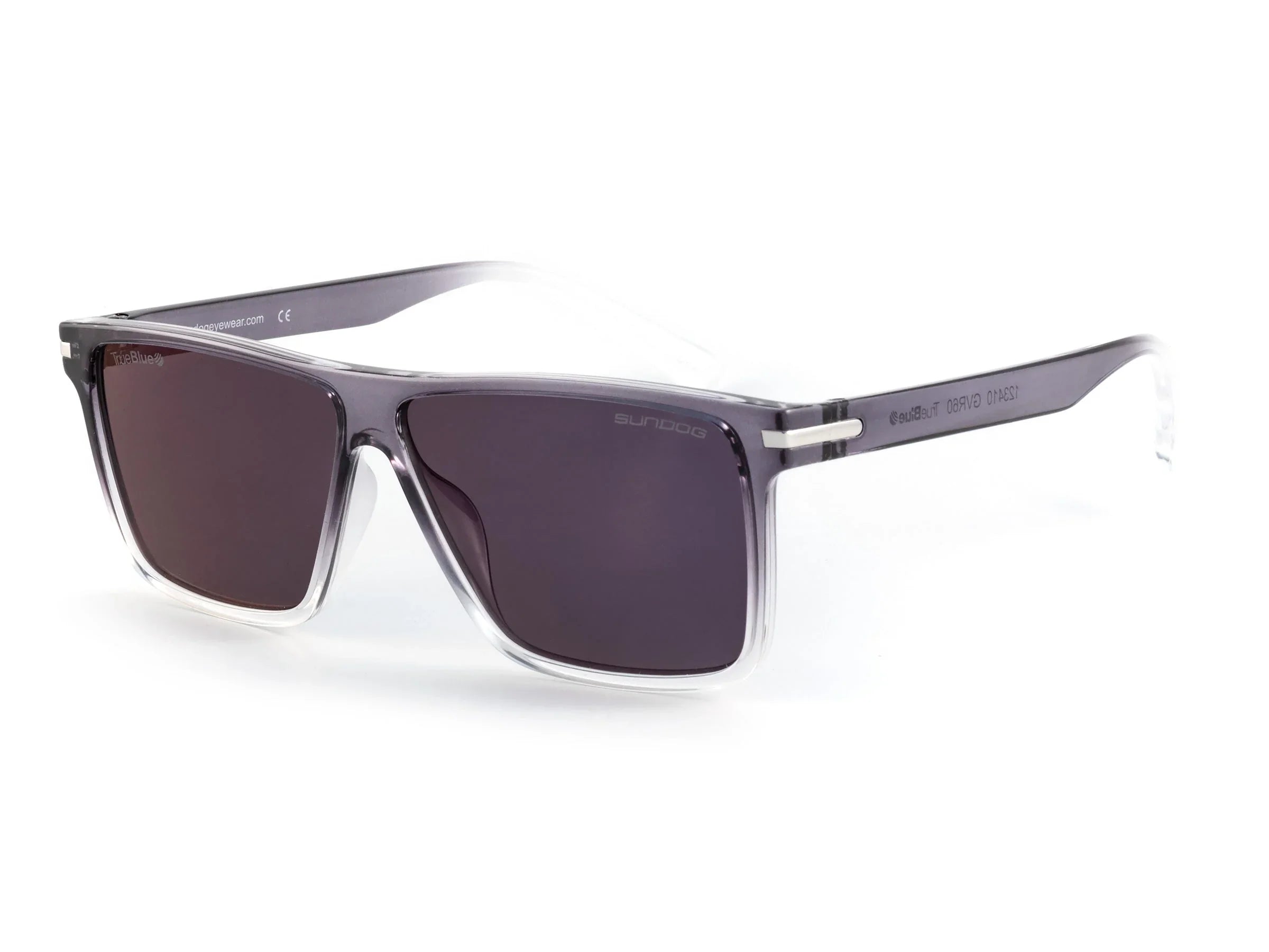 Rectangular grey translucent sunglasses with dark lenses on a white background