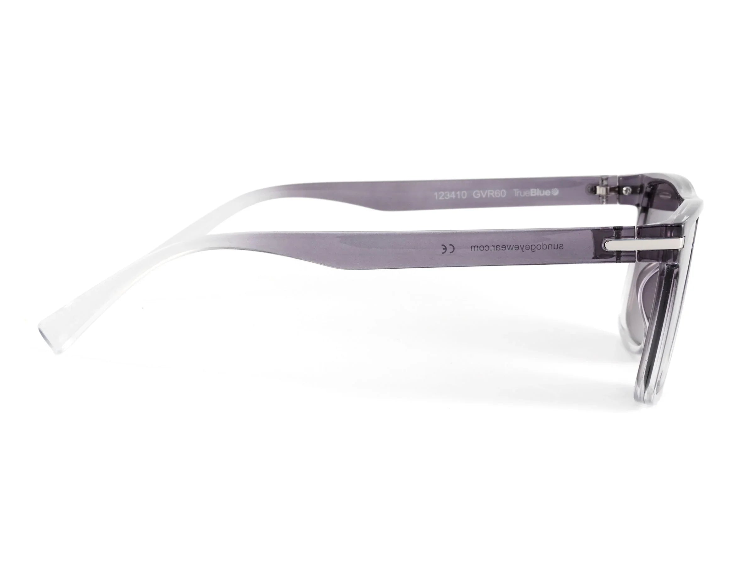 Side view of clear gray square sunglasses with transparent temple arms on white background