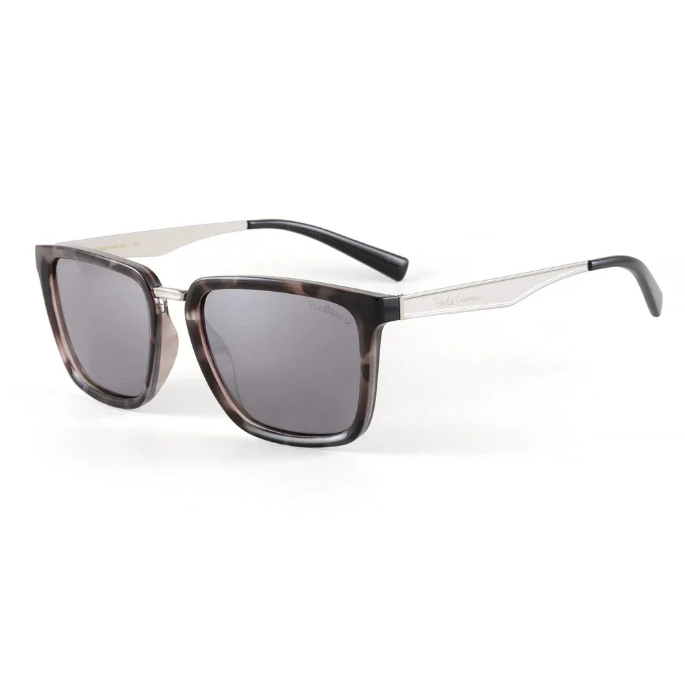 Square tortoiseshell sunglasses with silver metal arms and gray lenses on white background