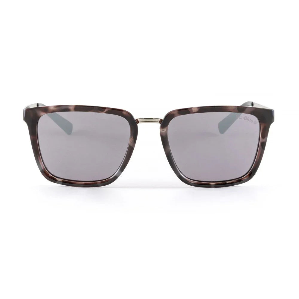 Tortoiseshell square sunglasses with gray lenses on white background