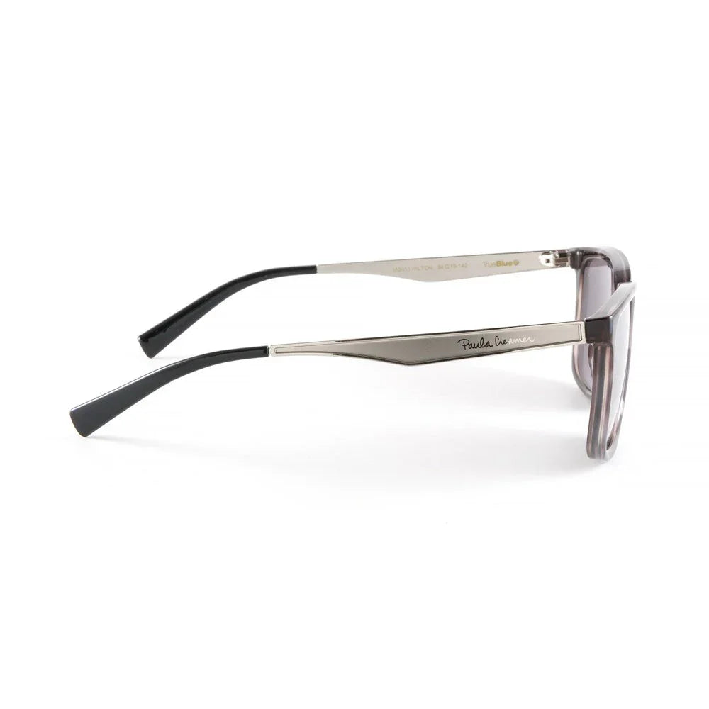 Side view of Hilton sunglasses with metal arms, black tips, and clear gray frame