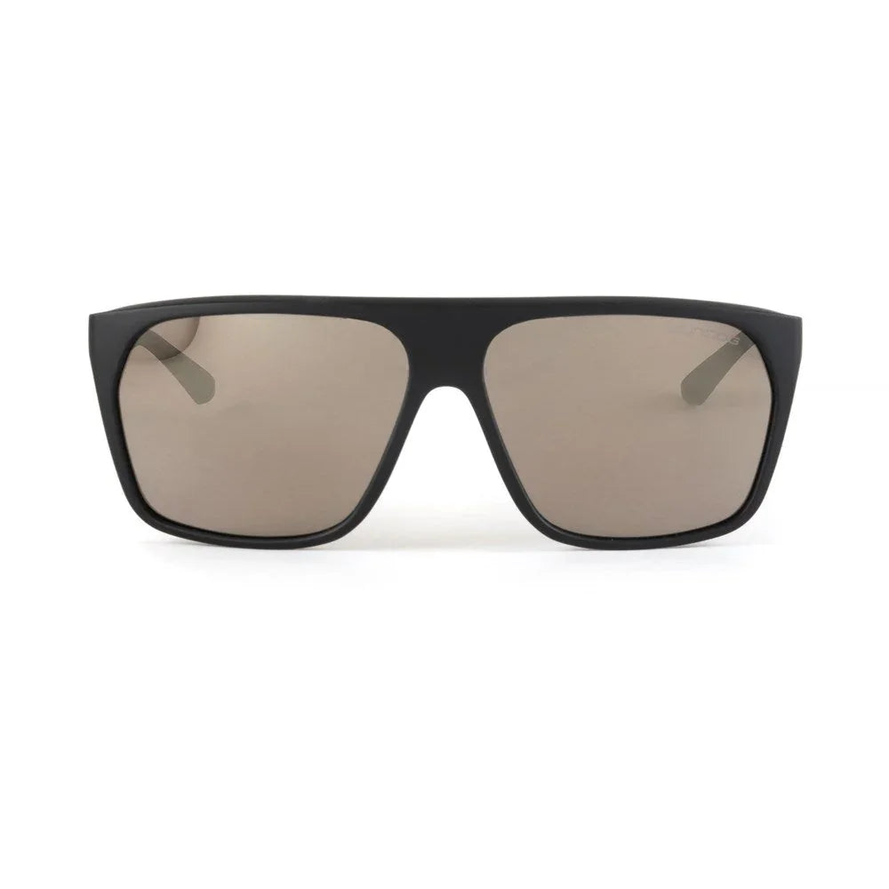 Black rectangular sunglasses with dark lenses on a white background