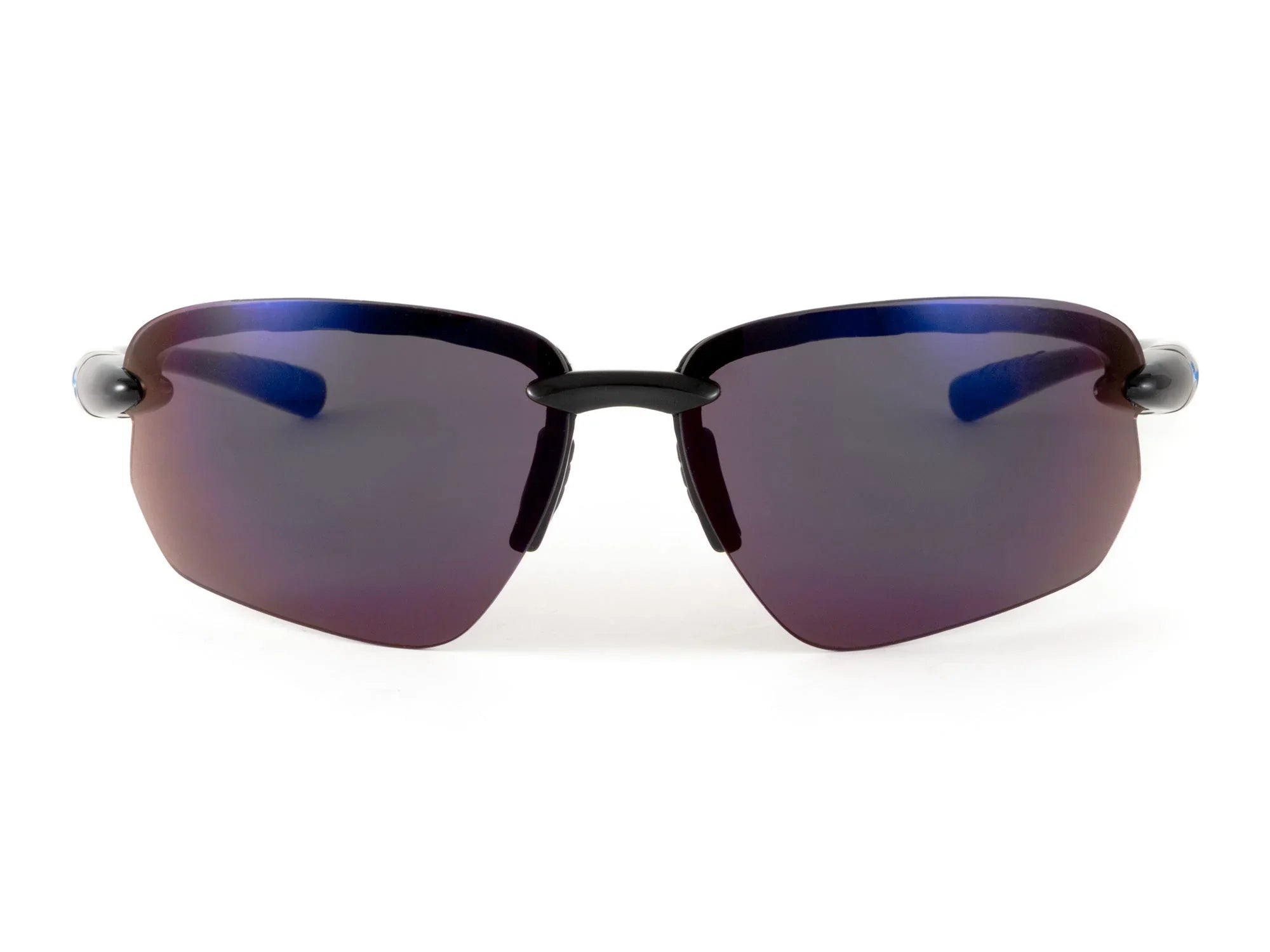 Rimless sunglasses with black frame and dark mirrored lenses on white background