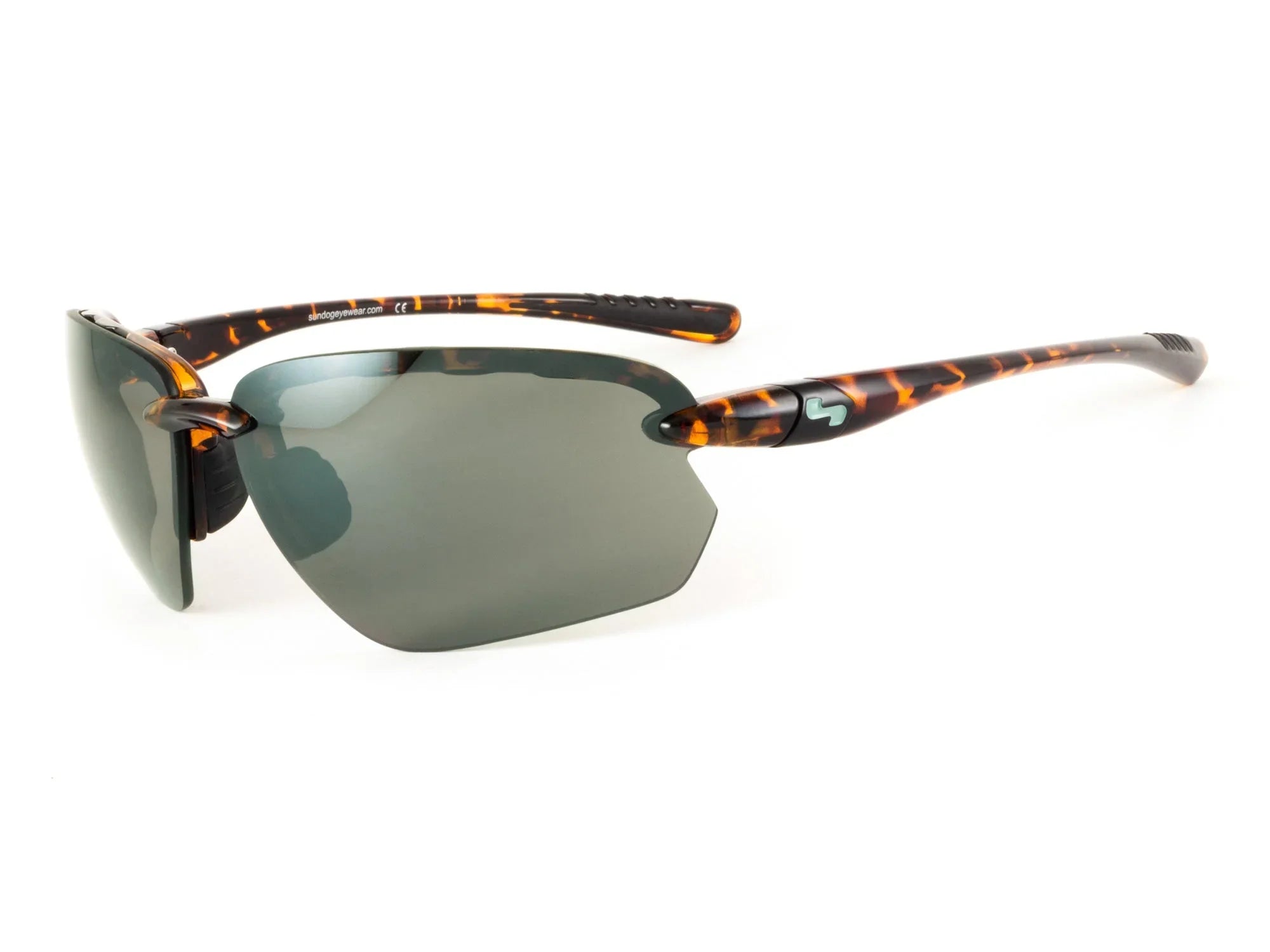 Polarized sunglasses with tortoiseshell frame and wraparound dark lenses on white background