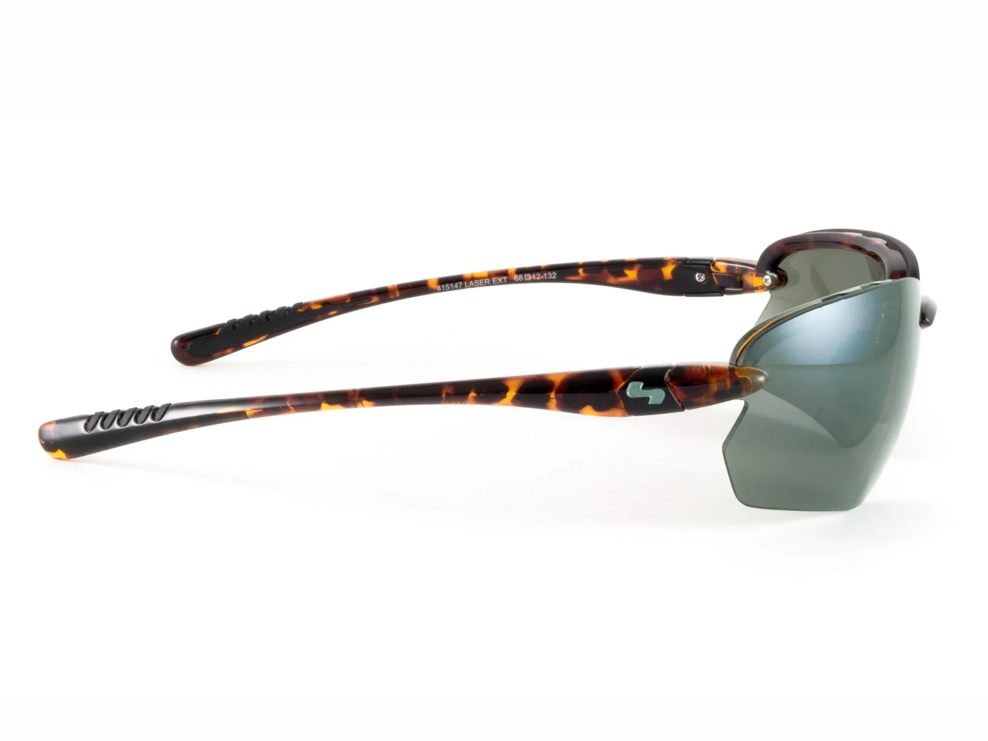 Tortoise shell sports sunglasses with wraparound green lenses, side view on white background