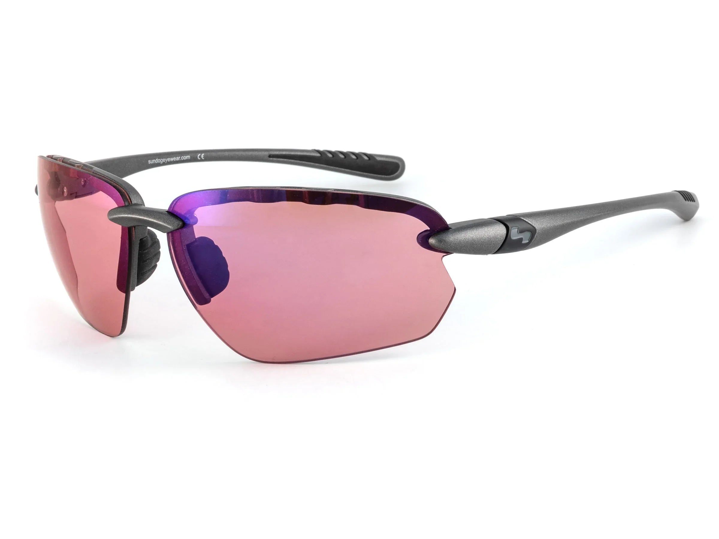 Sport sunglasses with purple mirrored lenses and black frame on white background