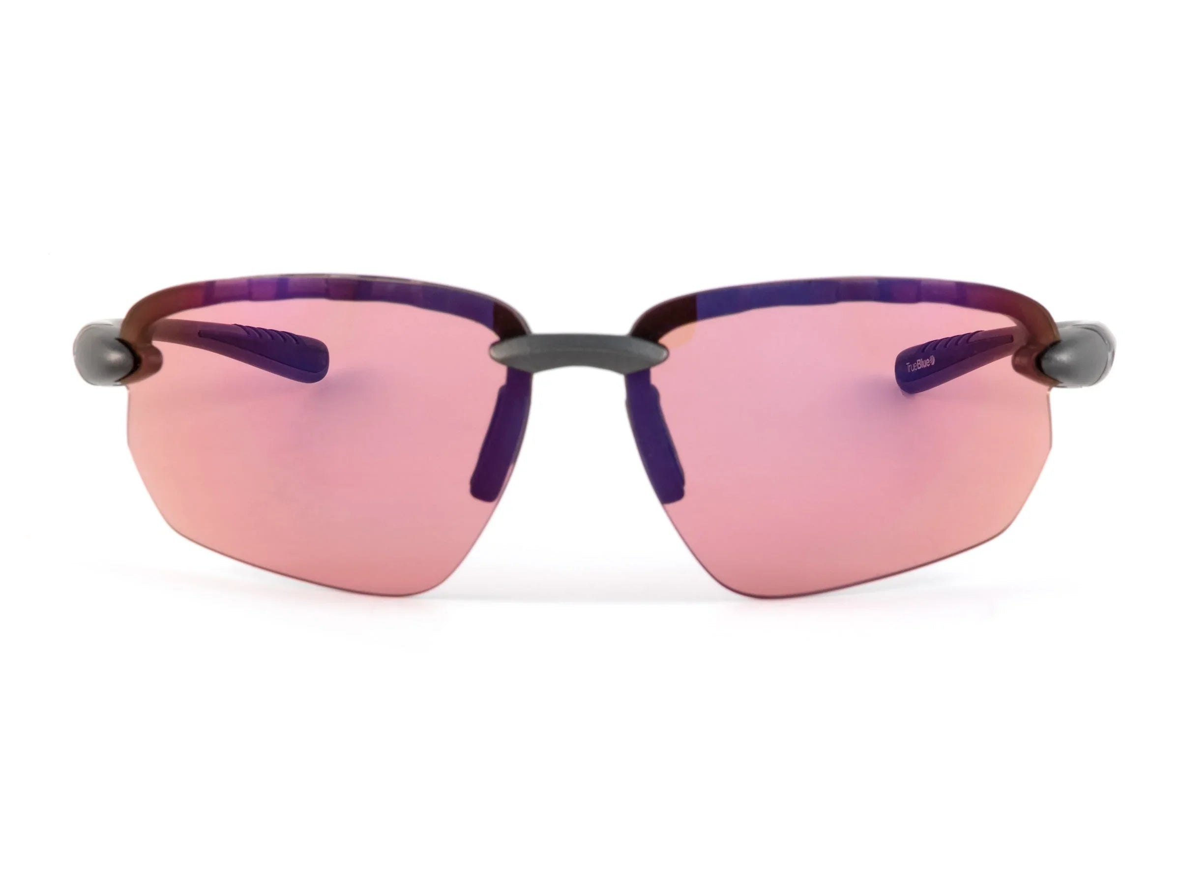 Rimless sunglasses with pink tinted lenses and black temple arms on white background