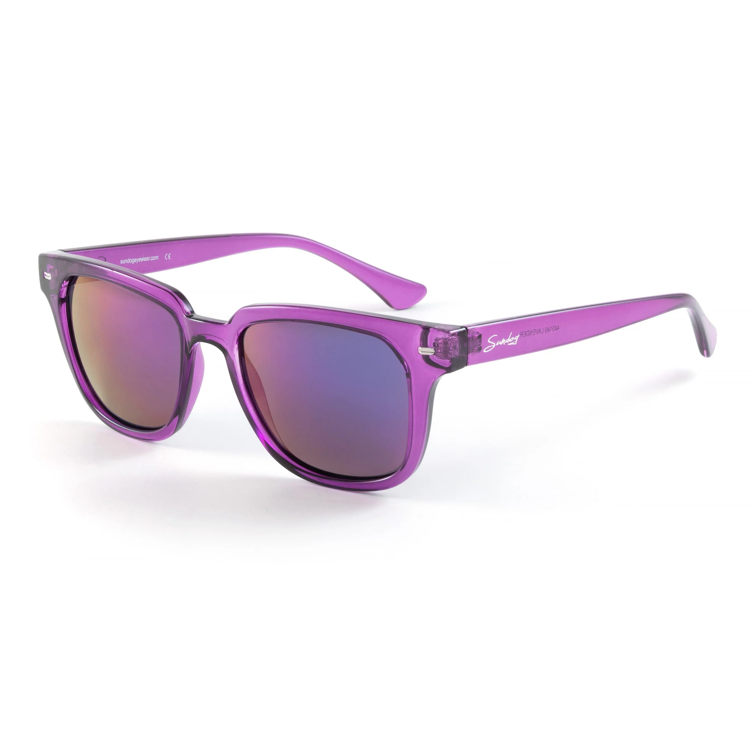 Lavender purple sunglasses with mirrored lenses on white background