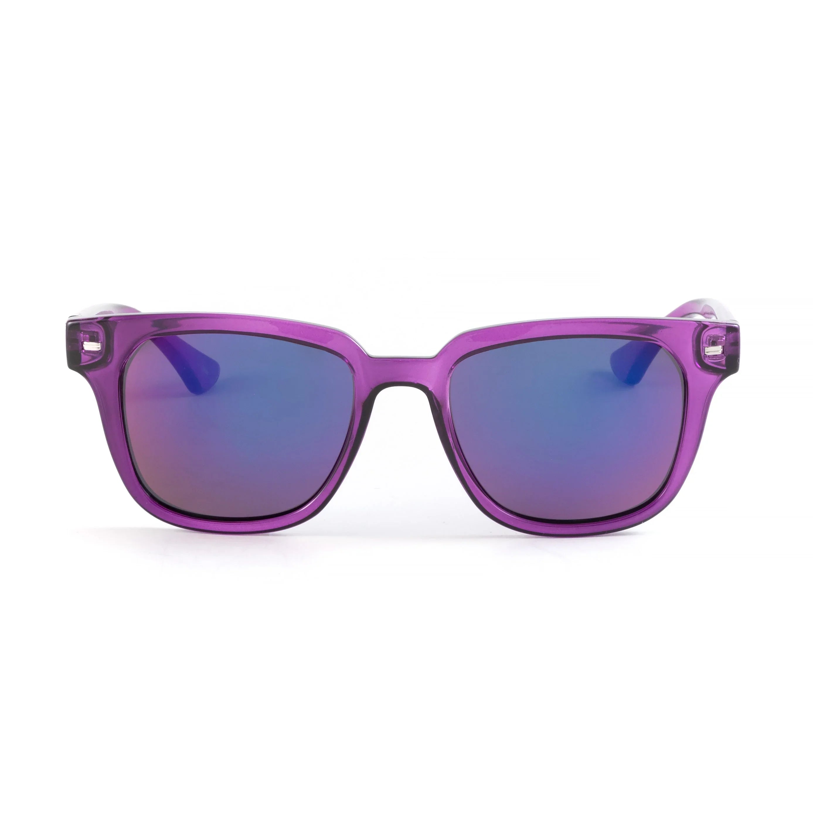 Lavender purple sunglasses with blue mirrored lenses on white background