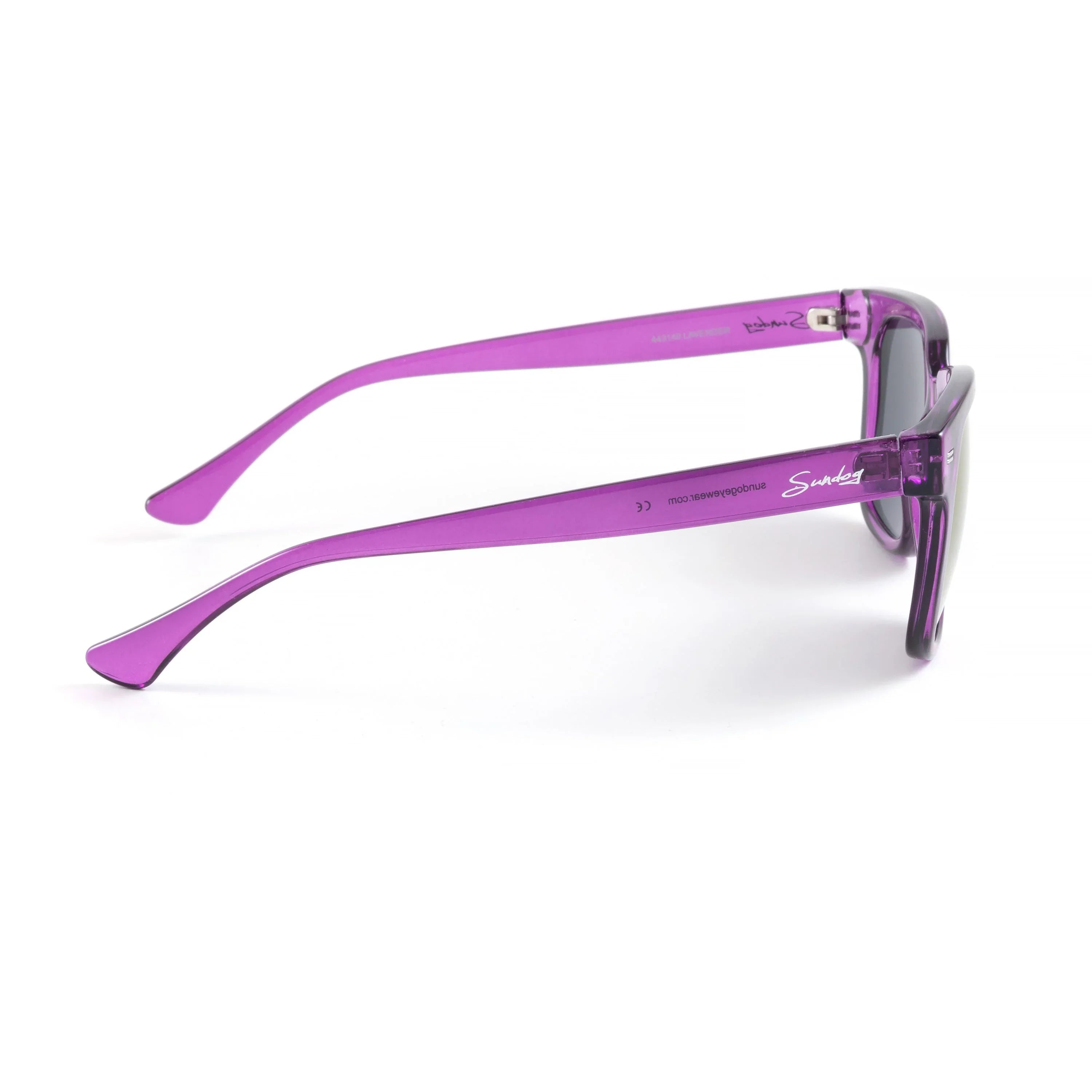 Lavender purple transparent sunglasses side view on white background
