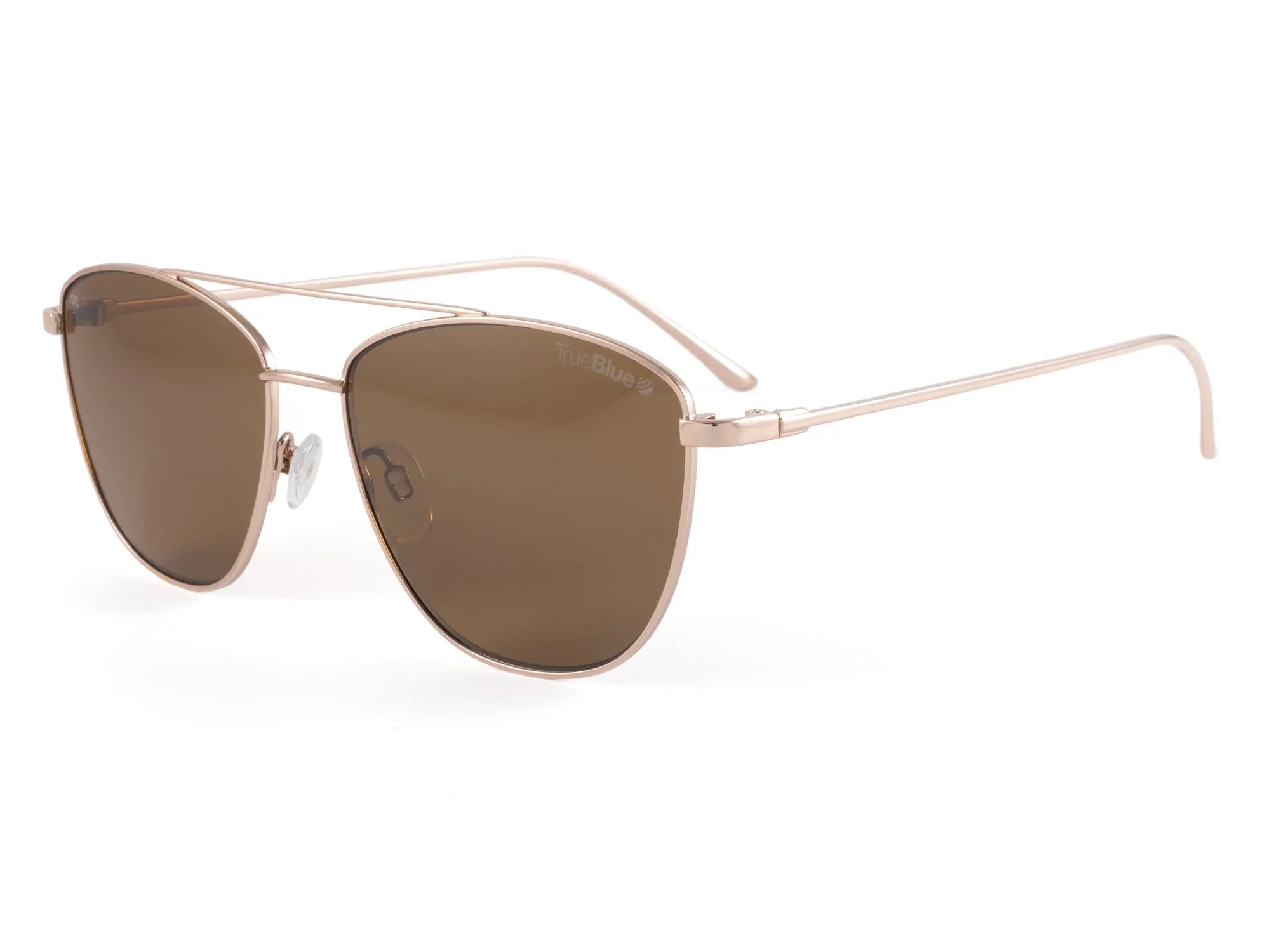 Rose gold aviator sunglasses with brown polarized lenses on white background