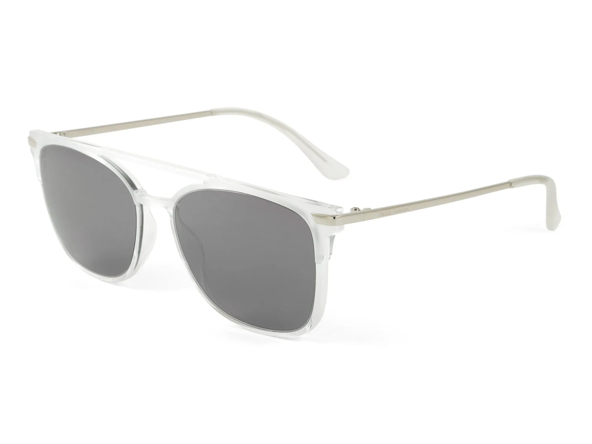 Clear frame square sunglasses with dark lenses and silver metal arms on white background
