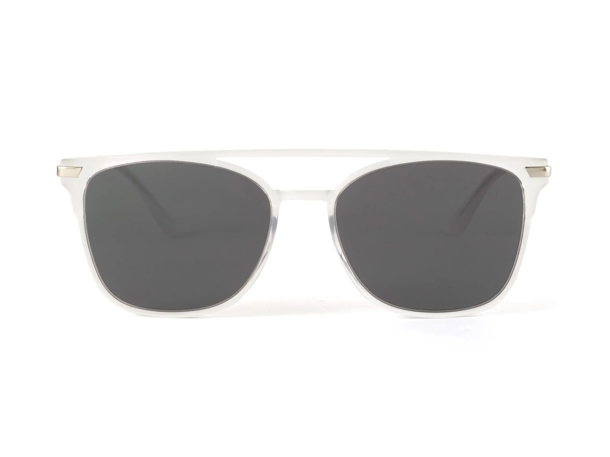 Clear frame square sunglasses with dark lenses on white background