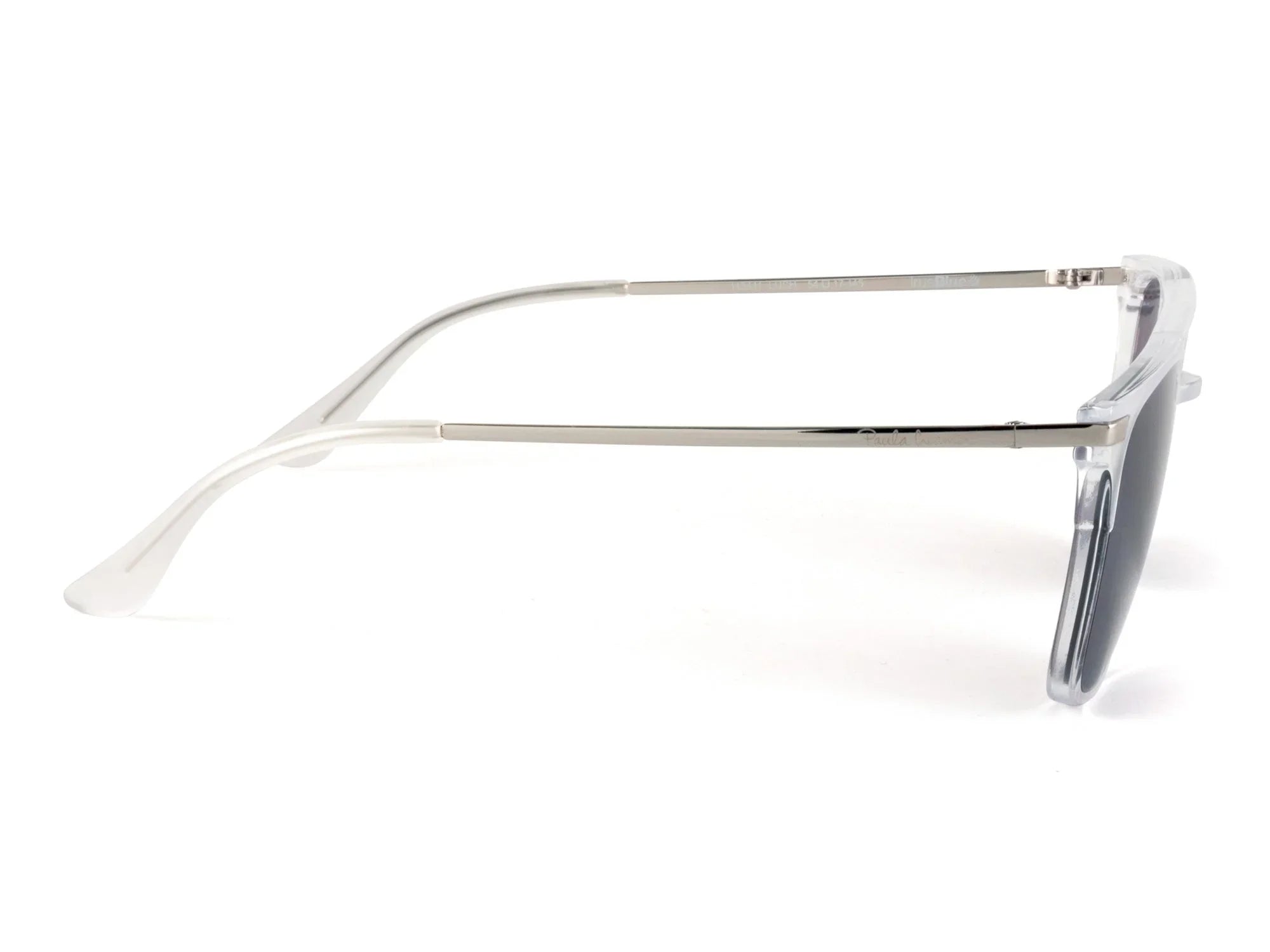 Side view of clear frame sunglasses with metal arms and dark lenses on white background