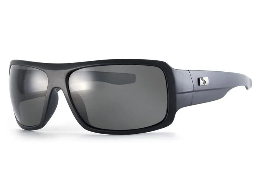 Matte black wraparound sunglasses with dark lenses and silver logo on the temple