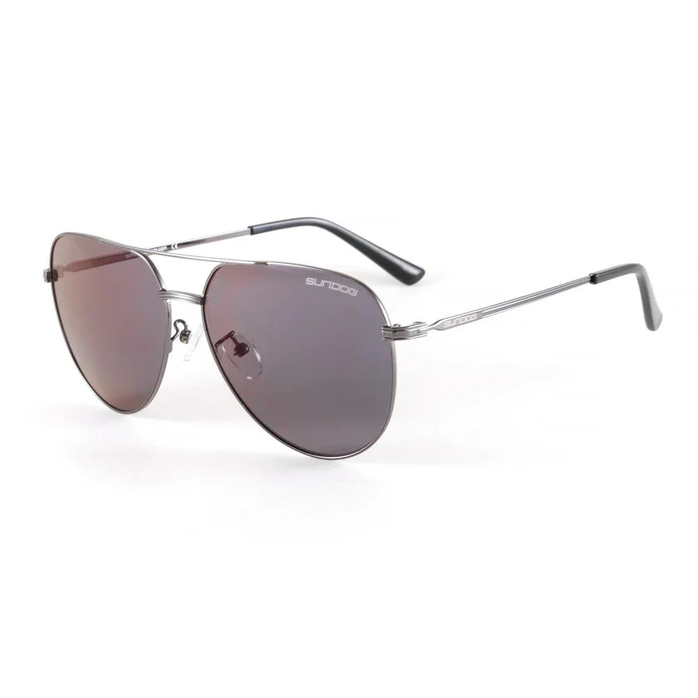 Sundog aviator sunglasses with silver frame and dark lenses on white background