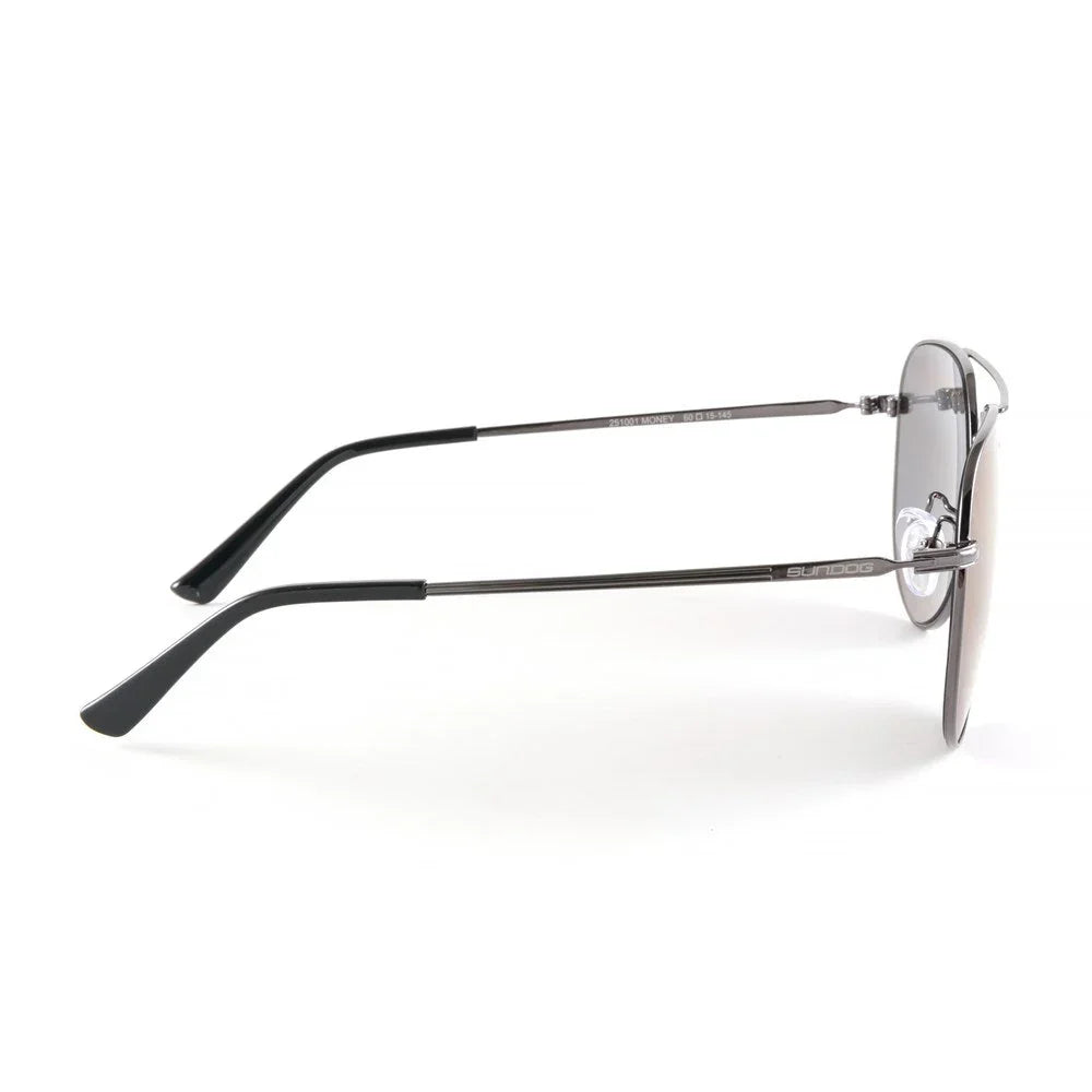 Side view of Sundog money aviator sunglasses with metal frame and grey gradient lenses