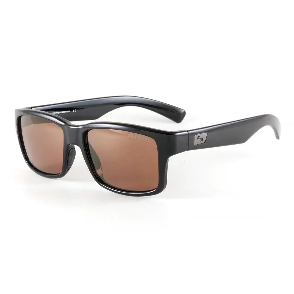 Black rectangular sunglasses with brown polarized lenses on a white background