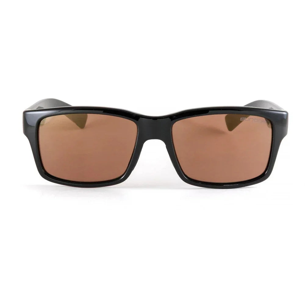 Black square frame sunglasses with brown polarized lenses on white background