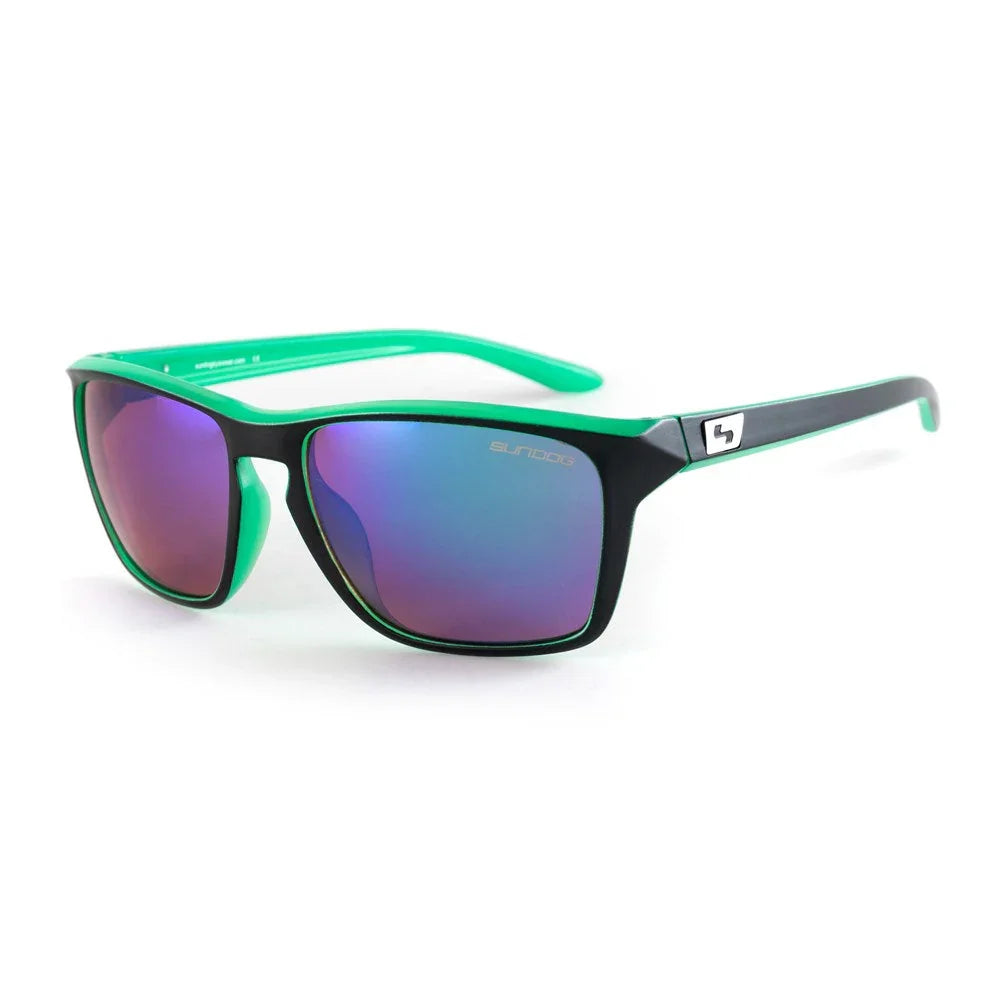 Sundog Mr. White sunglasses with green frame and mirrored blue lenses on white background