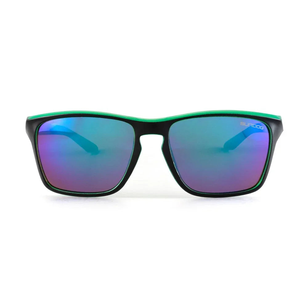 Sundog sunglasses with black and green frame and blue-purple mirrored lenses
