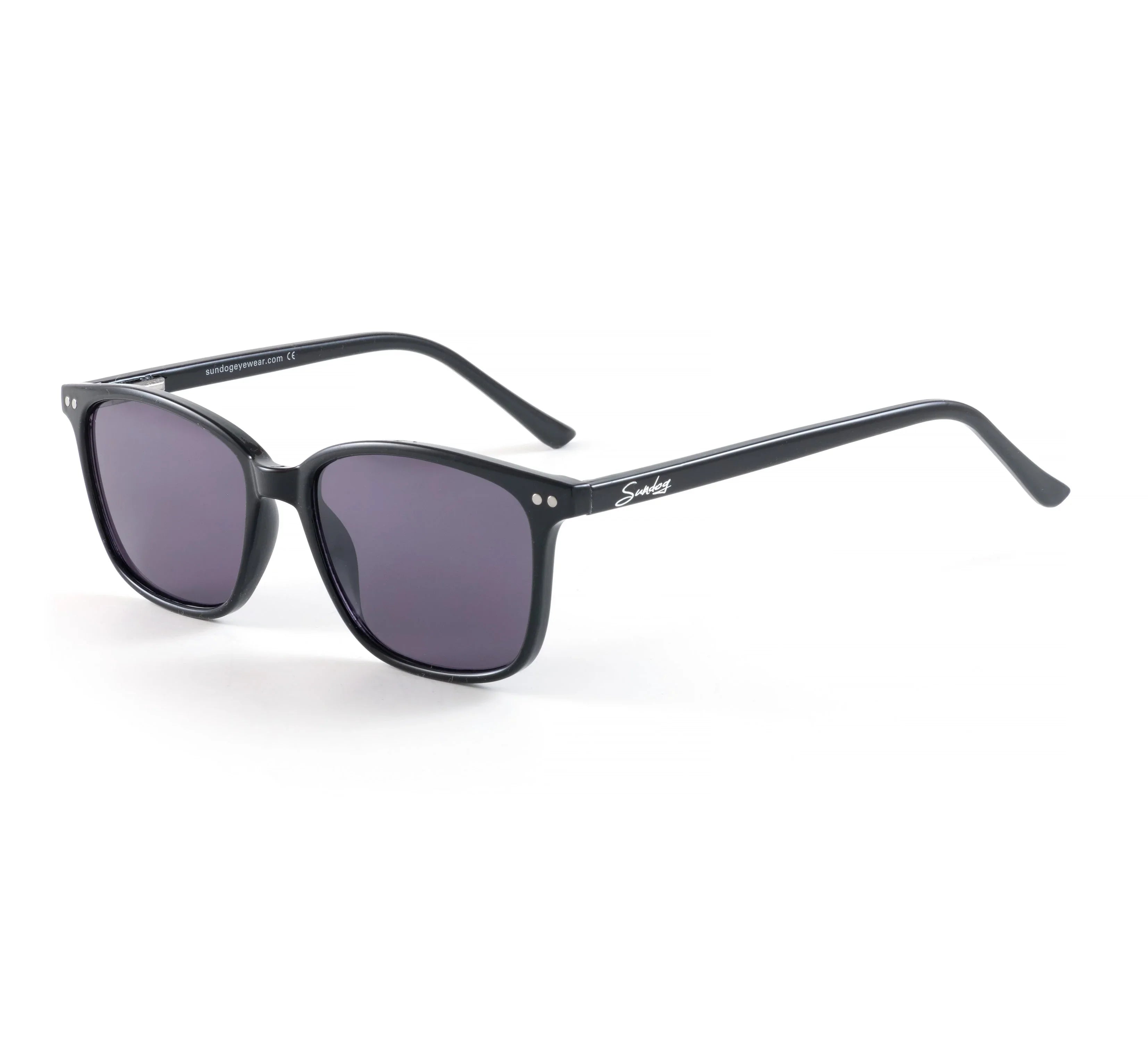 Black square-frame Sundog Panther sunglasses with dark lenses on white background