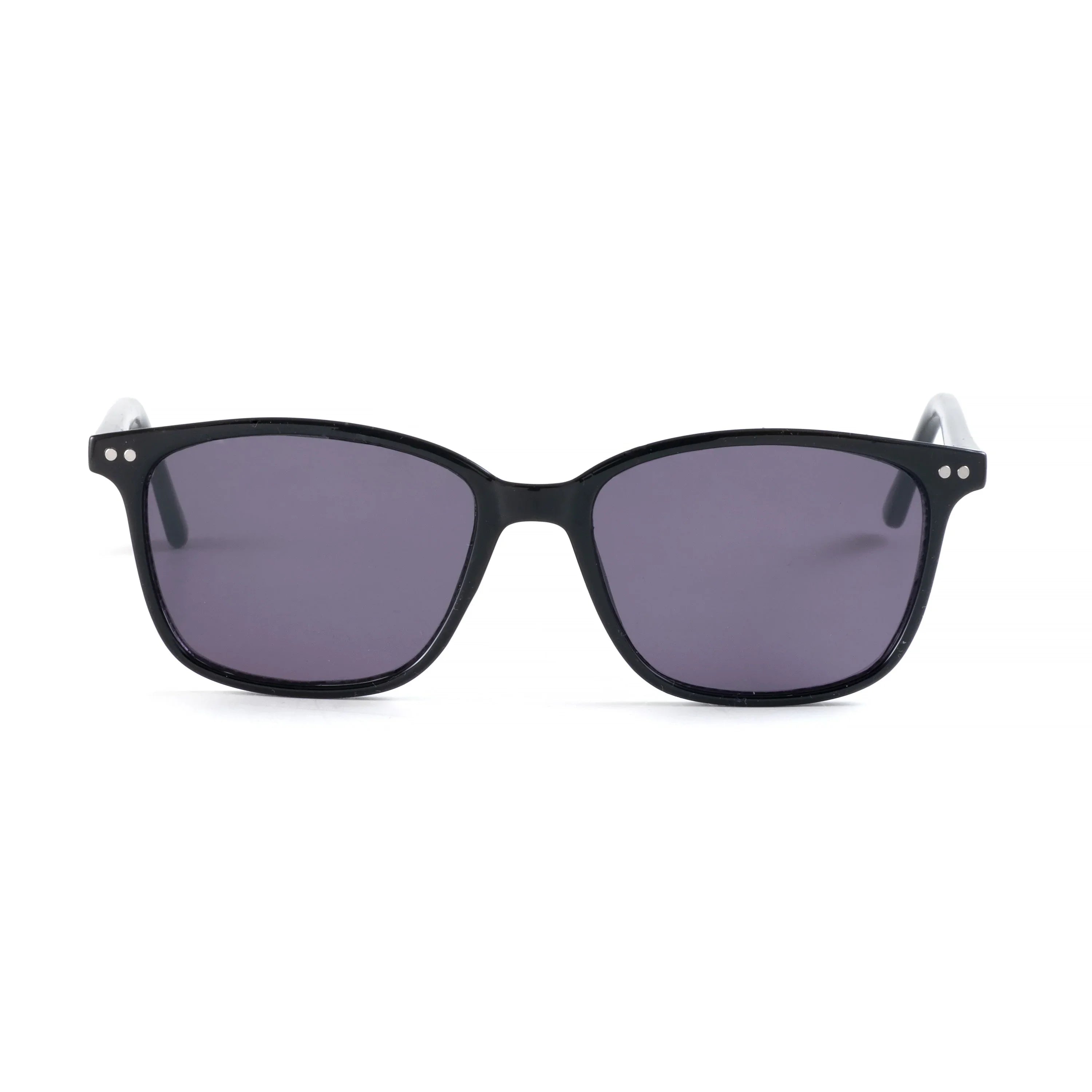 Black square sunglasses with dark lenses on white background