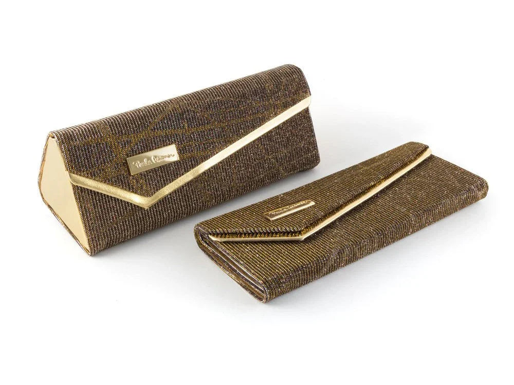 Brown and gold PC folding hard eyeglass case with metallic trim on white background
