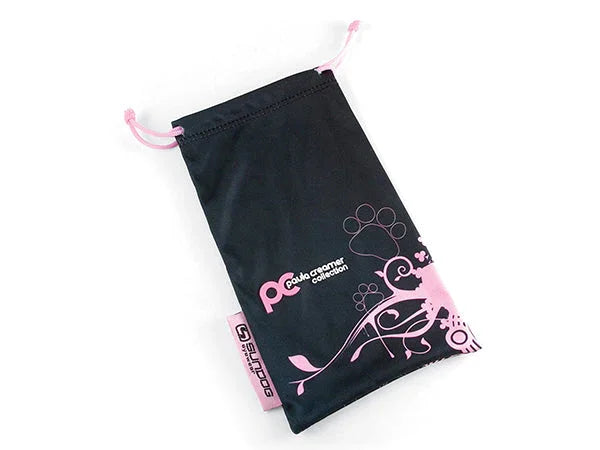 Black and pink drawstring eyeglass pouch with floral cat and paw print design
