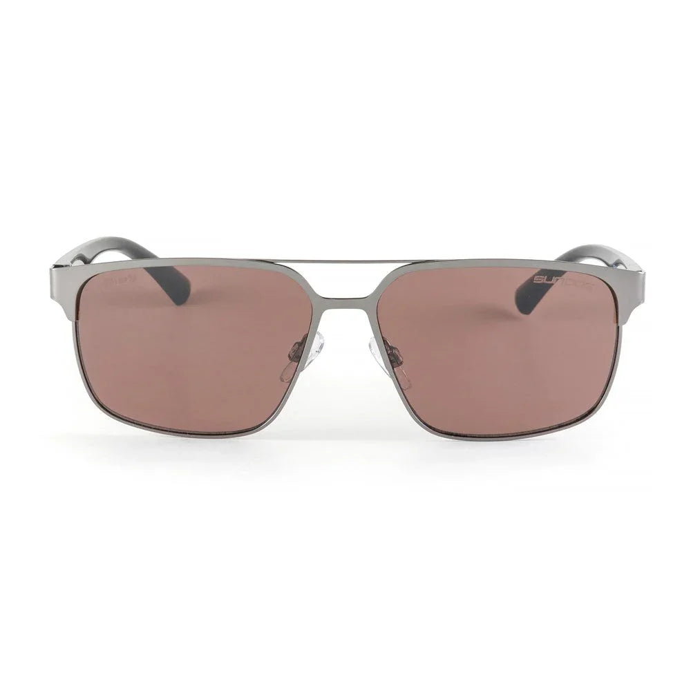 Square aviator sunglasses with brown tinted lenses and silver metal frame, front view