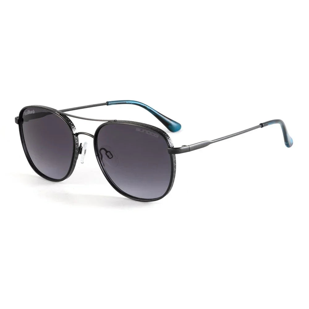 Black aviator sunglasses with gradient lenses and blue-tipped arms on white background