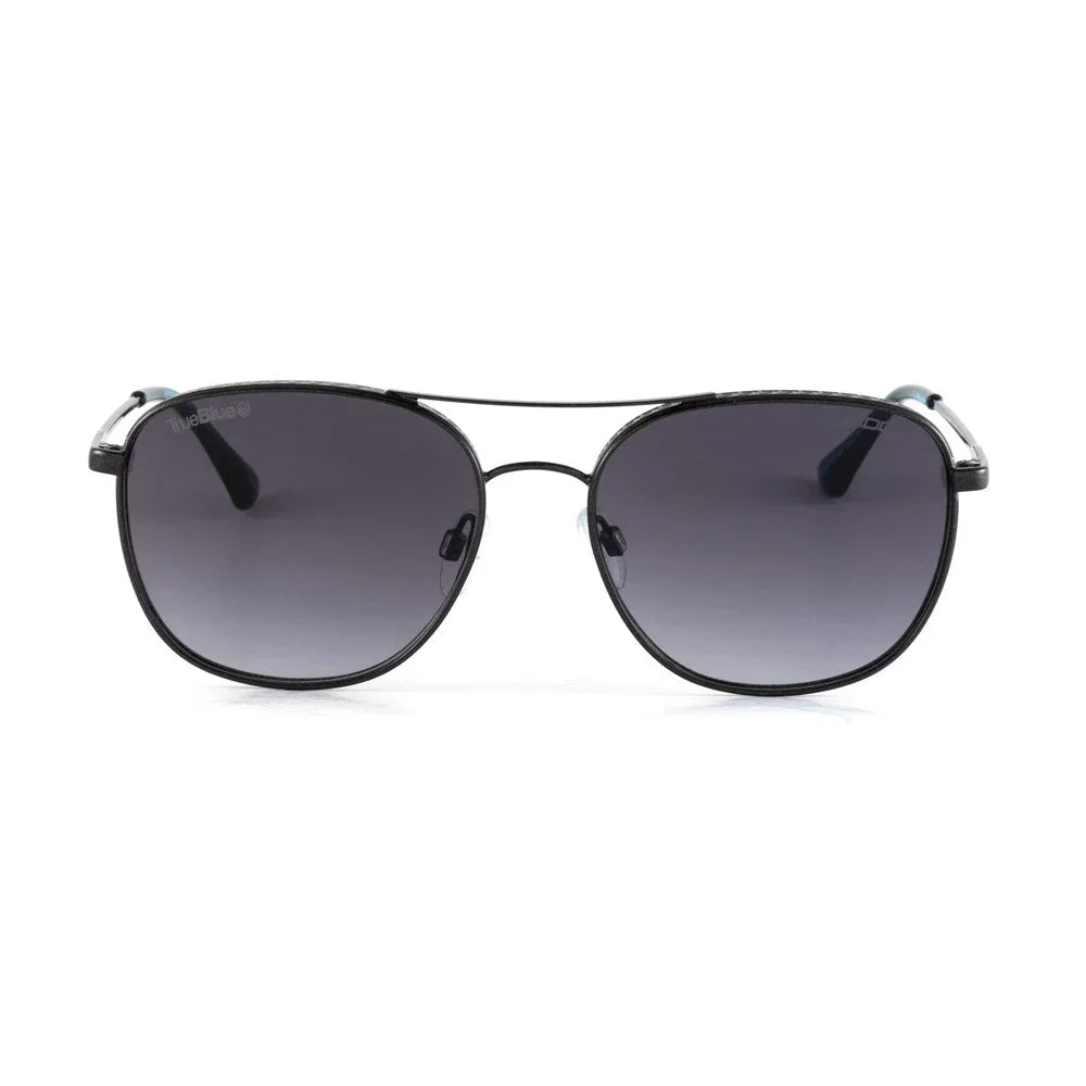 Black aviator sunglasses with dark gradient lenses on a white background