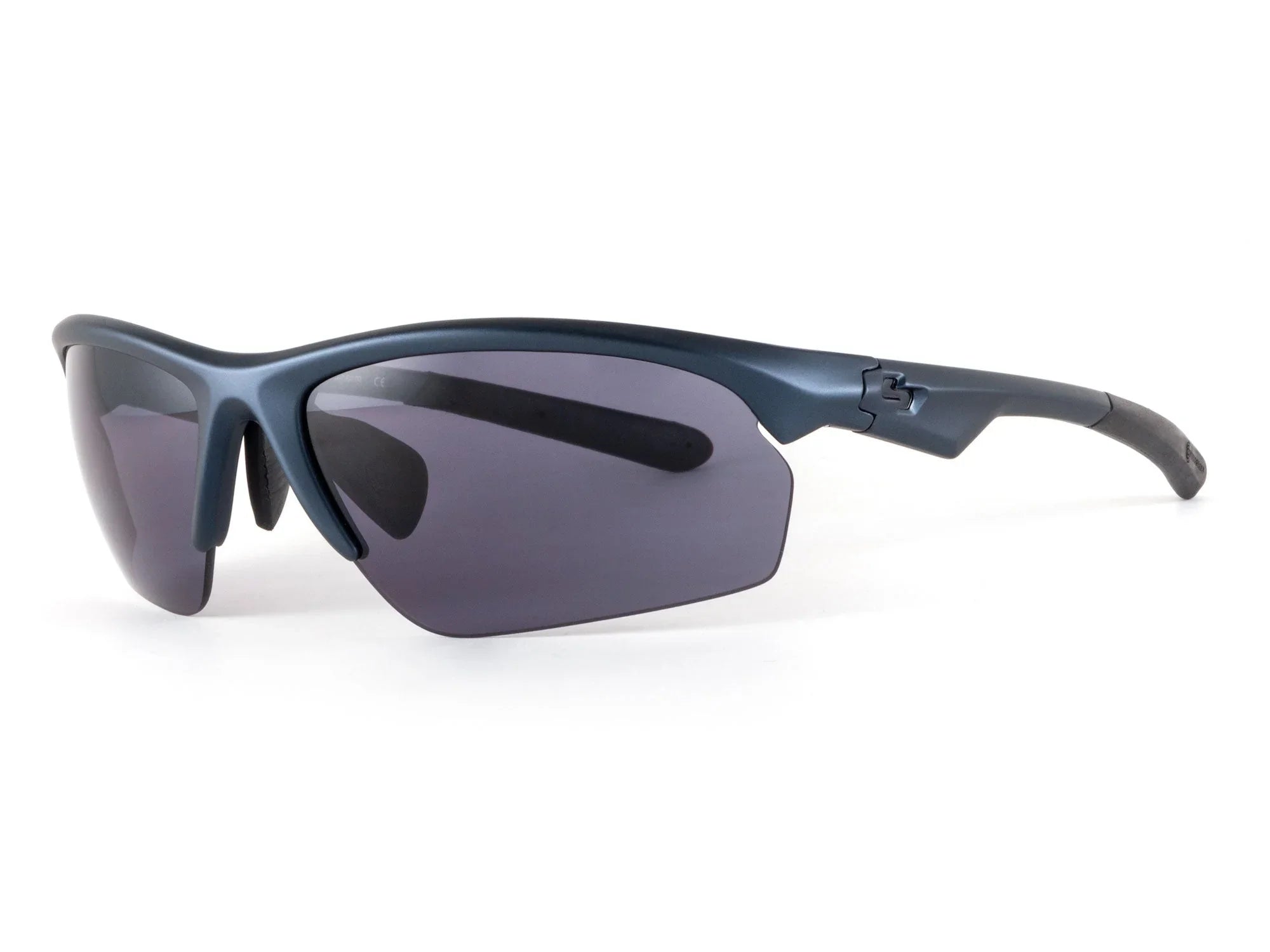 Matte black sport sunglasses with dark lenses and wraparound frame on white background